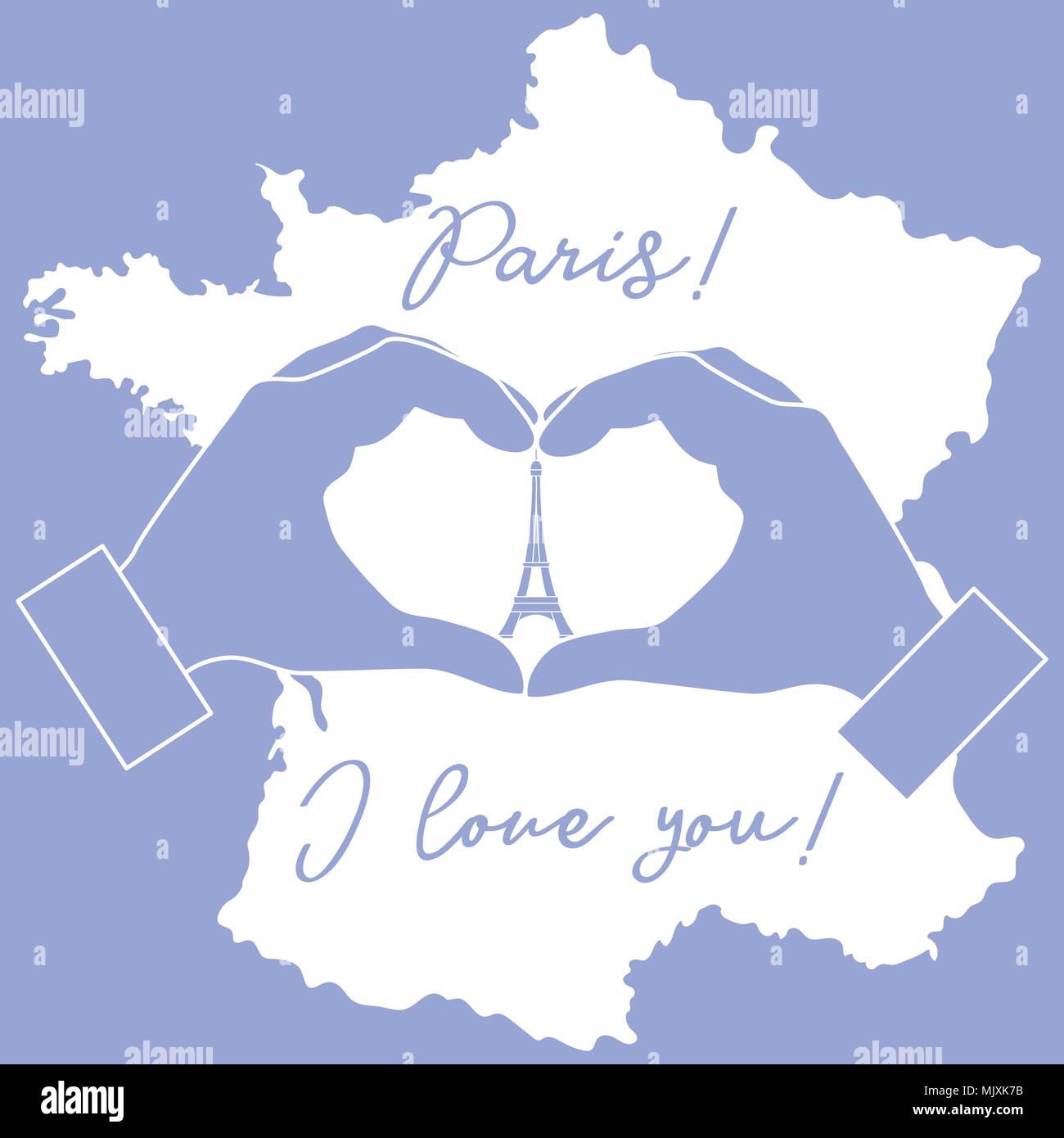 Hacer una mano en forma de corazón. Torre, símbolo de París. La inscripción París I love you. Los viajes y el ocio. Ilustración del Vector