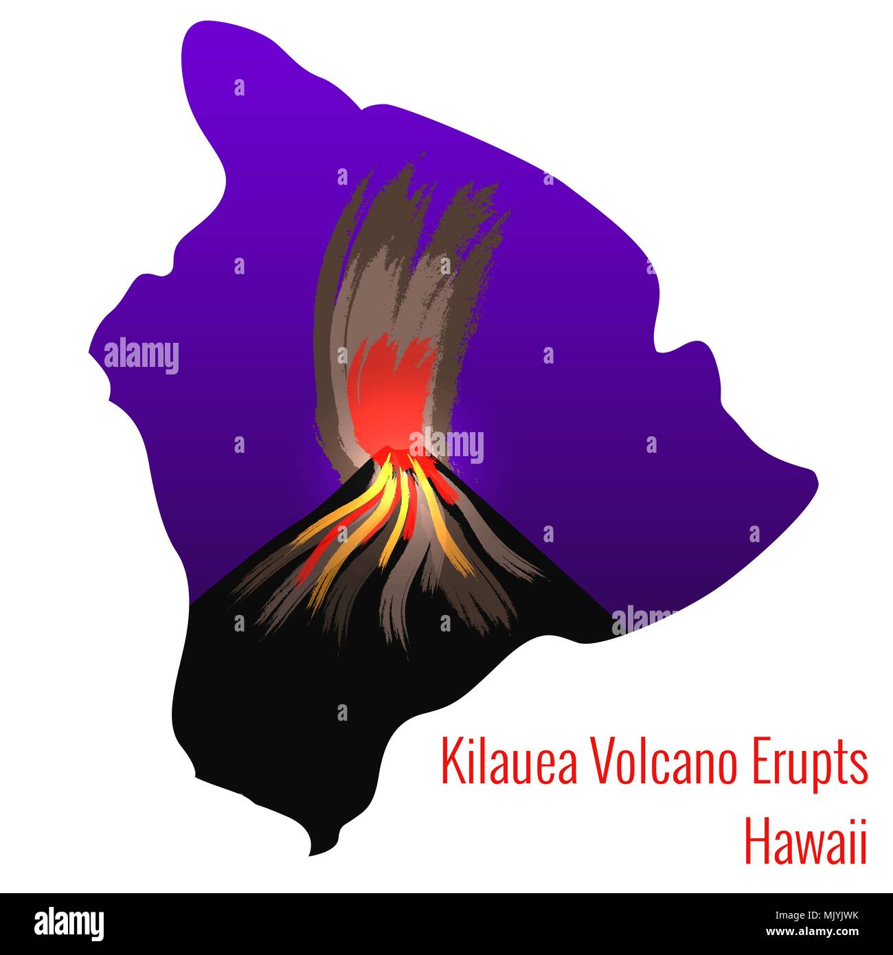 Volcán Kilauea erupciona en la isla de Hawaii. La montaña, la erupción de lava, el humo. Cielo nocturno. Contra el telón de fondo de la Gran Isla de Ilustración del Vector