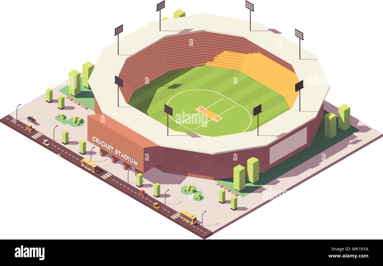 Vector bajo isométrico poli Cricket Stadium Ilustración del Vector