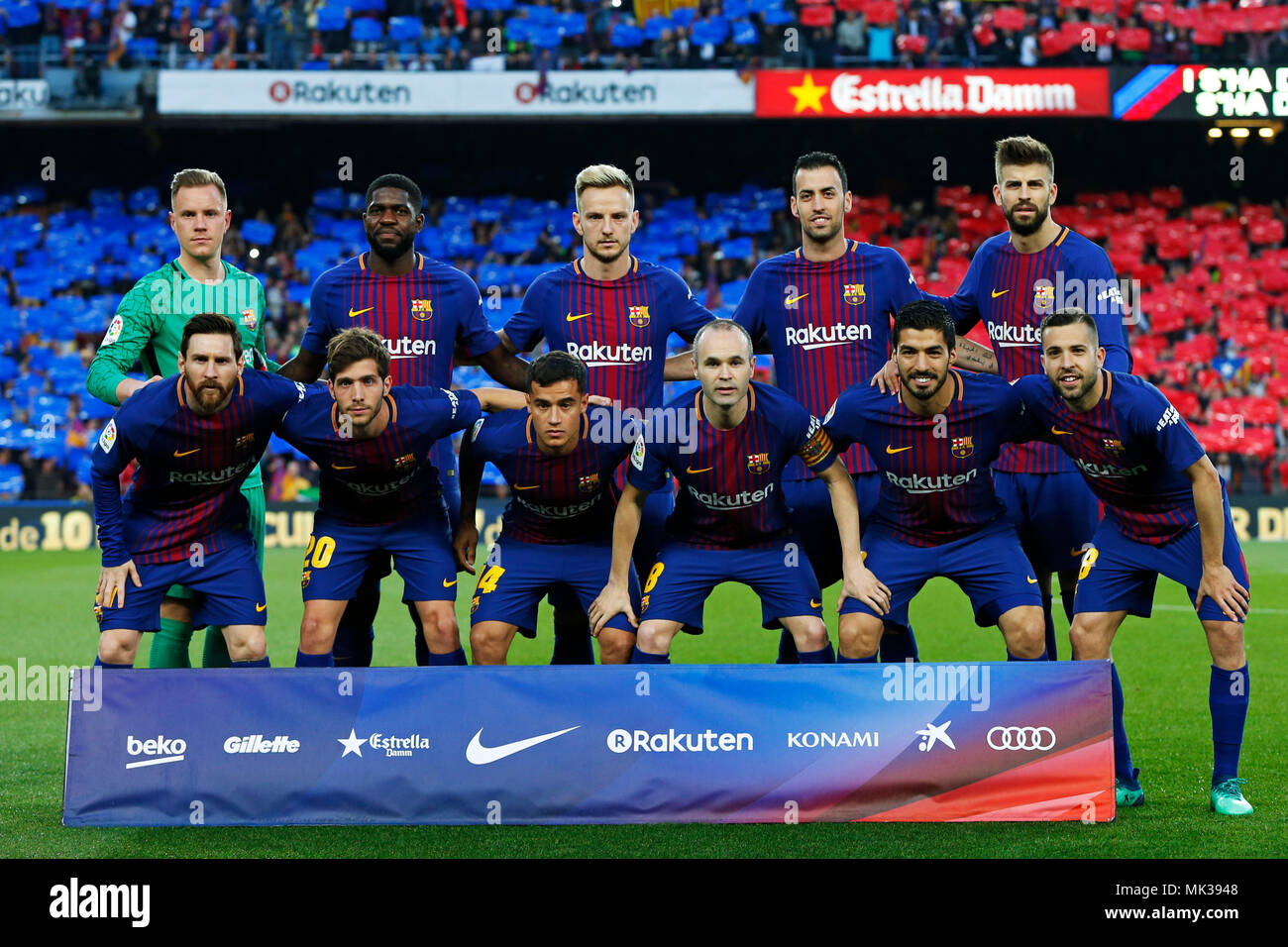 Barcelona, España. El de mayo, 2018. Equipo de Barcelona grupo line-up (Barcelona), 6 de mayo de 2018 - Fútbol/Soccer : Español de Primera División "Liga Santander' partido entre el FC