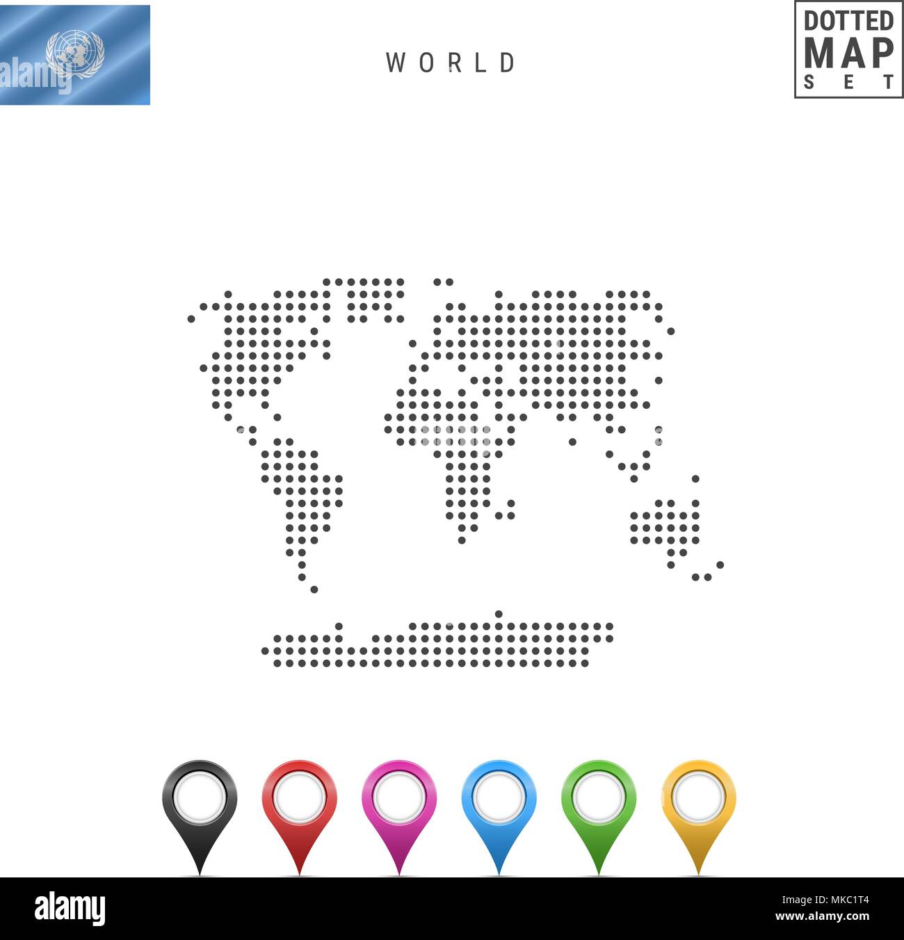 Puntos vectoriales Mapa del mundo. Contorno simple del mundo. La bandera de las Naciones Unidas. Conjunto de marcadores mapa multicolor Ilustración del Vector