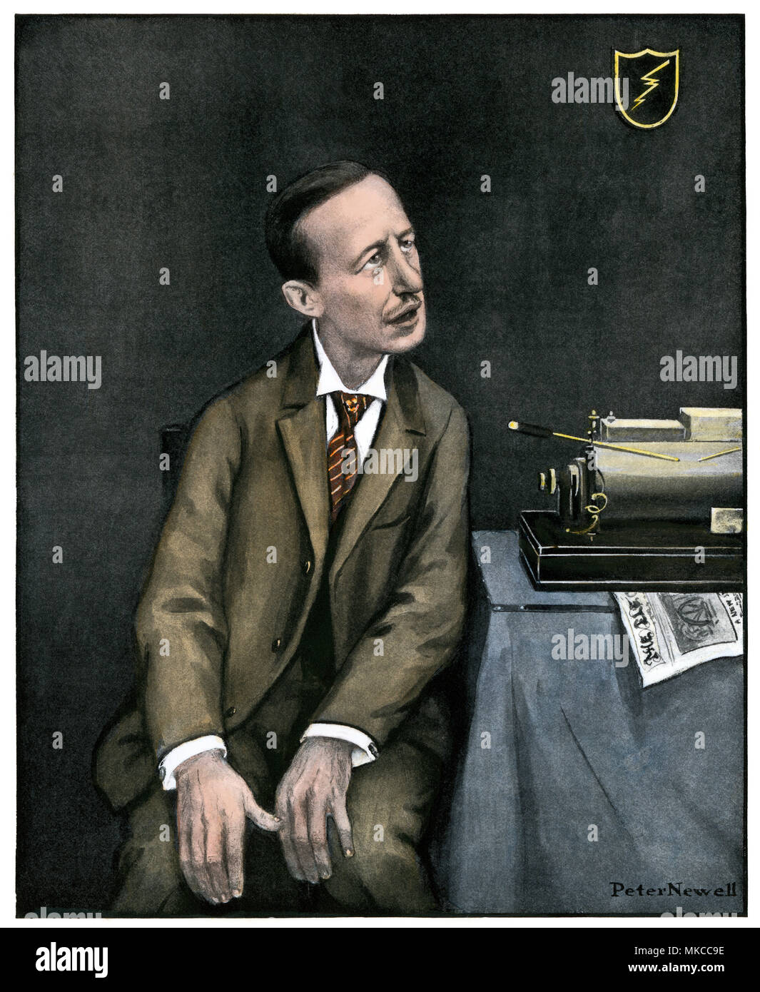 Caricatura de Marconi con su conexión inalámbrica, 1903. Medias tintas coloreadas a mano de una ilustración en la portada de Harper's Weekly Foto de stock