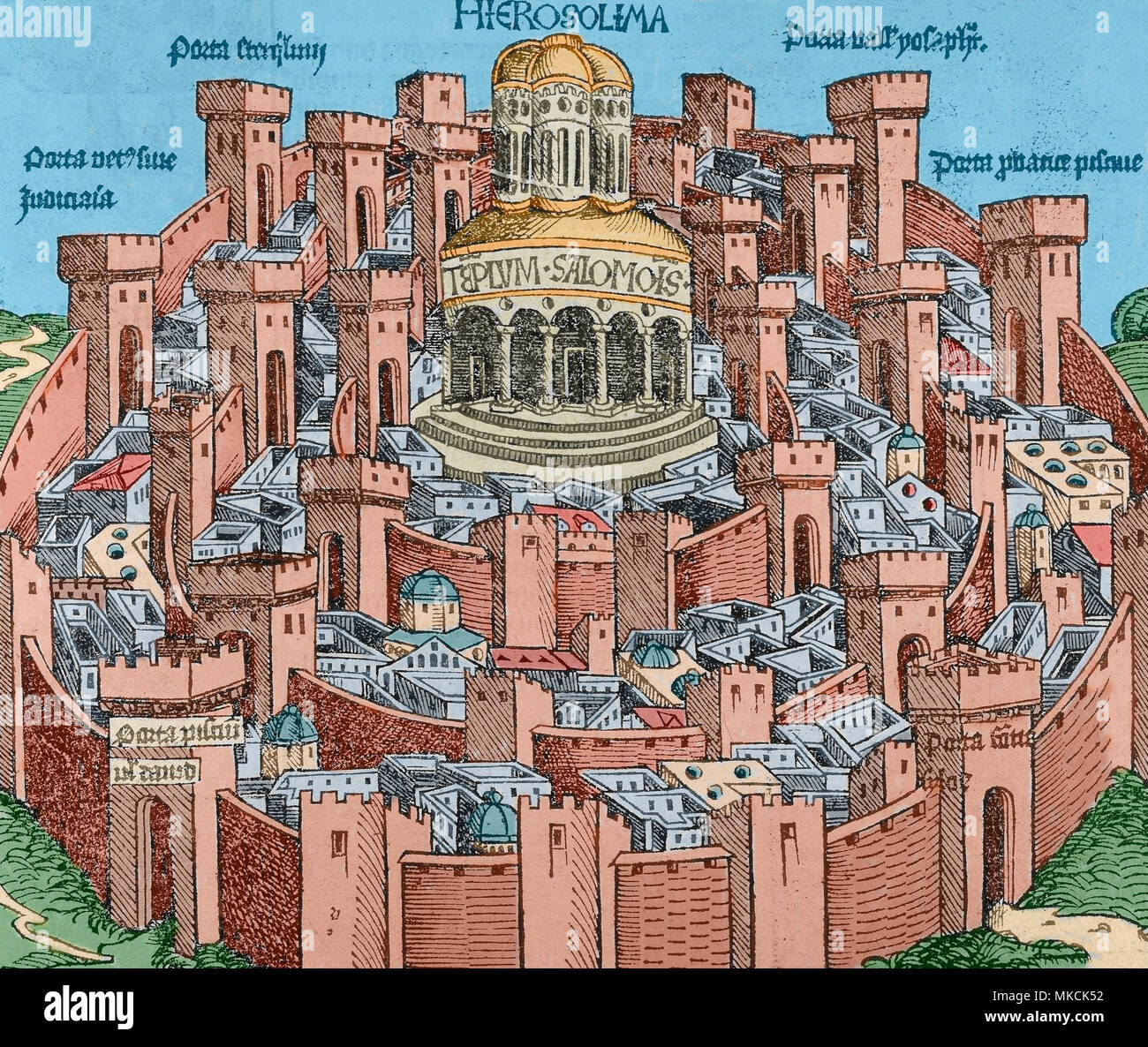 Jerusalén. Representación imaginaria de la ciudad, con el Templo de Salomón  en el centro. Grabado de Crónica de Nuremberg de Hartmann Schedel, 1493.  Posteriormente coloración Fotografía de stock - Alamy