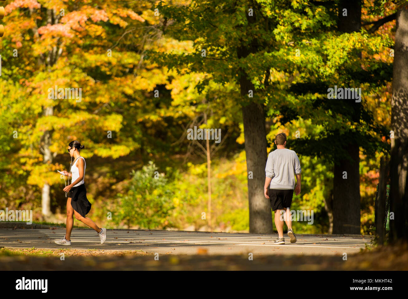 Nueva York - Estados Unidos - 2 de noviembre de 2017. Algunas personas se están ejecutando en el hermoso y colorido Parque Central durante la temporada de otoño. Foto de stock