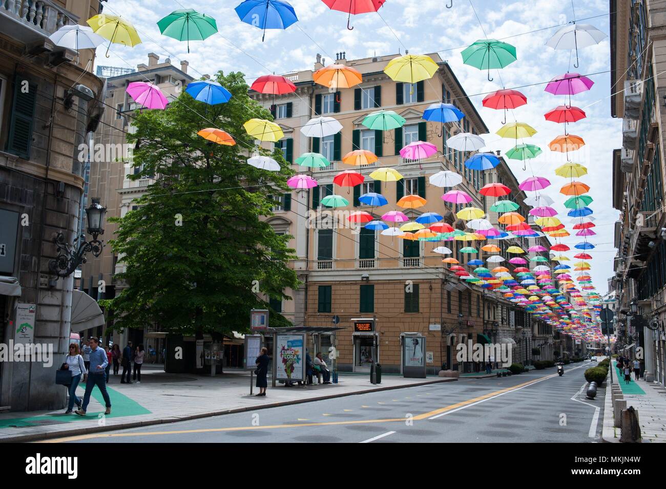 29/04/2018 en Génova (Italia) Paraguas colgando en la parte superior de la  calle GenoaÂ' como atracción turística. / Paraguas colgados en las calles  del centro de la ciudad de GÃ©nova como reclamo