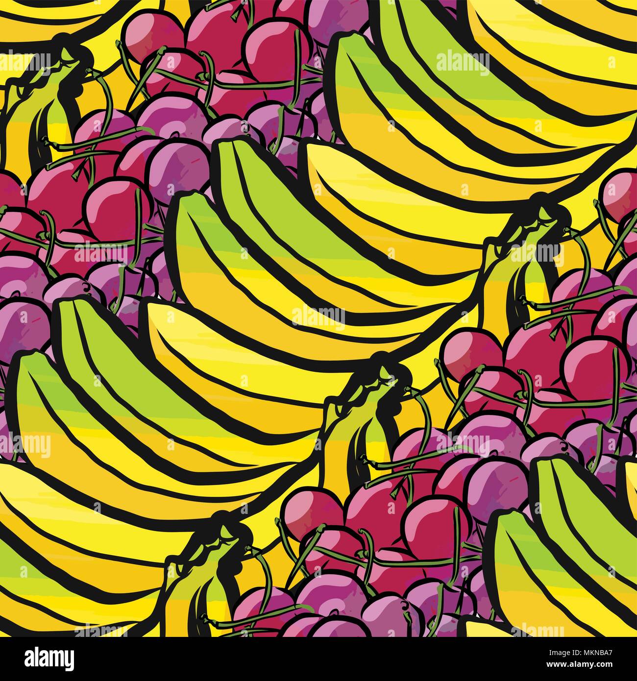 Vector patrón sin fisuras de plátanos y cerezas. Dibujado a mano y coloreado ilustración Ilustración del Vector