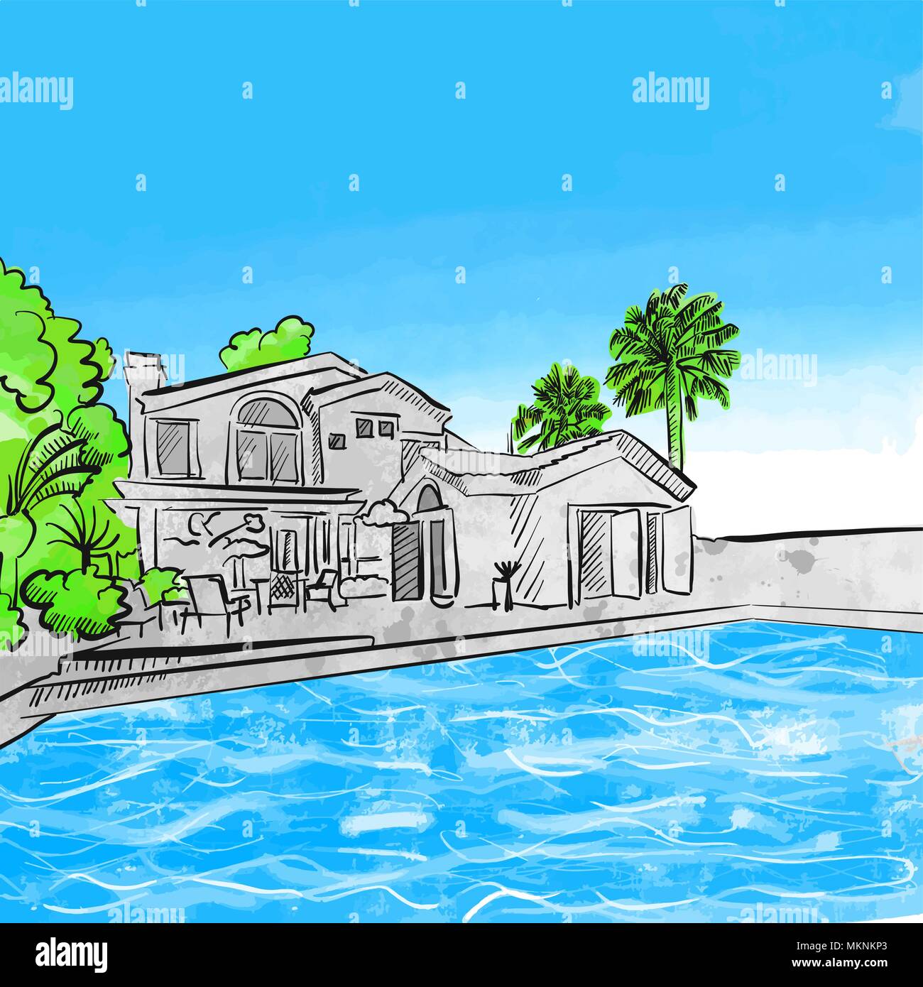 Casa y piscina concepto de dibujo, dibujado a mano ilustración vectorial Ilustración del Vector