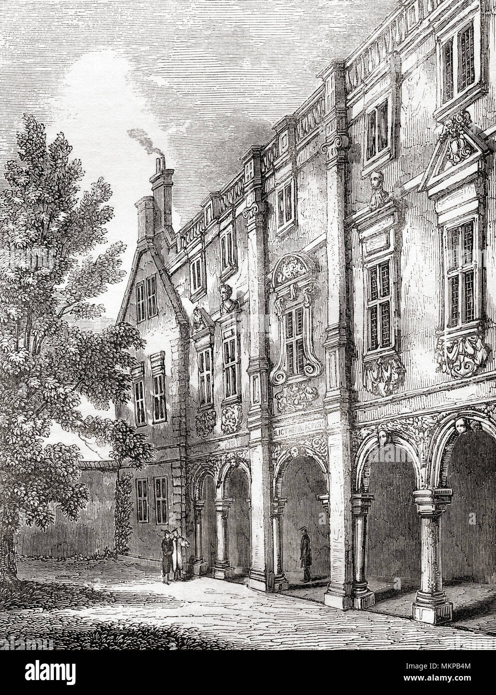 La Biblioteca Pepys, Magdalene College, Cambridge, Inglaterra. Desde Inglaterra vieja: un museo pictórico, publicado 1847. Foto de stock