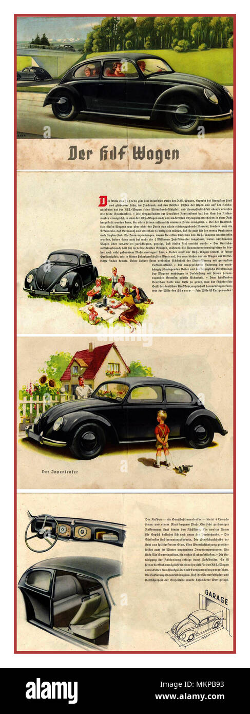 VOLKSWAGEN KDF Vintage anuncio de 1930 para el 'KdF-Wagen' (alemán: Kraft durch Freude – 'la longitud a través de la alegría') VW Volkswagen Motorcar. La idea de Adolf Hitlers de proporcionar (para los que salvaron a través de un esquema de sello) un 'coche del pueblo' Foto de stock