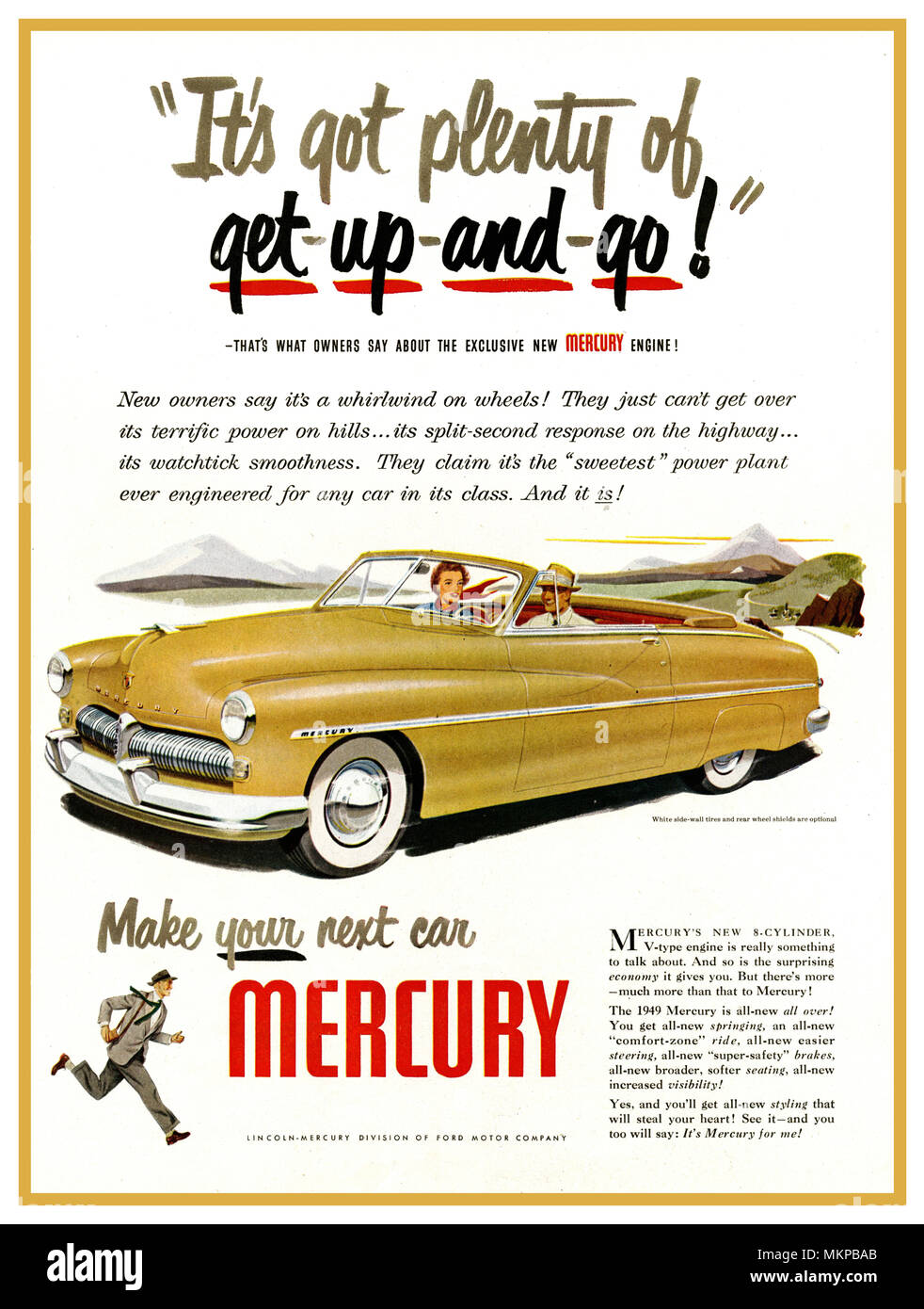 1949 American USA Mercurio automóvil Coche Presione Ad Mercury 2 puerta, potente de 8 cilindros motor V4 coupe 'Make tu próximo automóvil de Mercurio''. Foto de stock