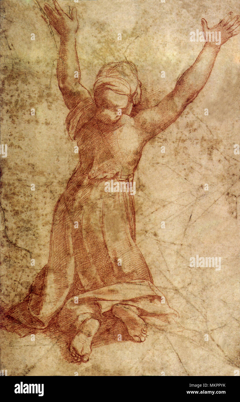 Femme agenouillée, vue de dos, les bras levés Foto de stock