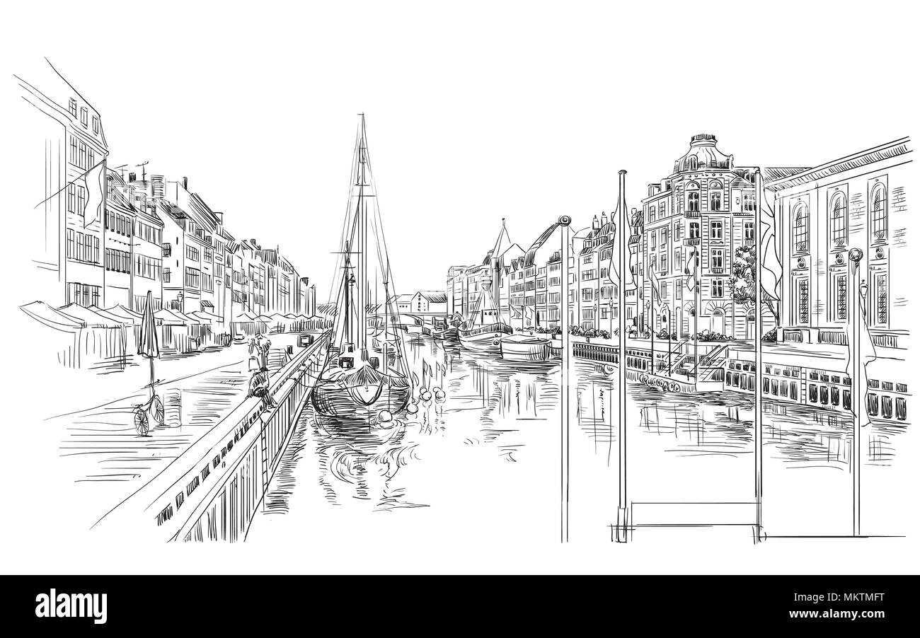 Muelle en Copenhagen, Dinamarca. Hito de Dinamarca. Dibujo a mano ilustración vectorial en color negro aislado sobre fondo blanco. Ilustración del Vector