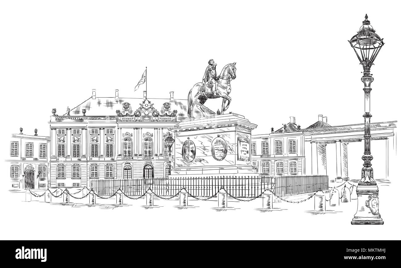 Plaza Amalienborg, en Copenhague, Dinamarca. Hito de Dinamarca. Dibujo a mano ilustración vectorial en color negro aislado sobre fondo blanco. Ilustración del Vector