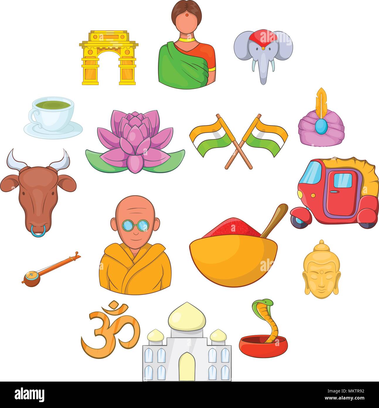 La India, los iconos de estilo de dibujos animados Imagen Vector de