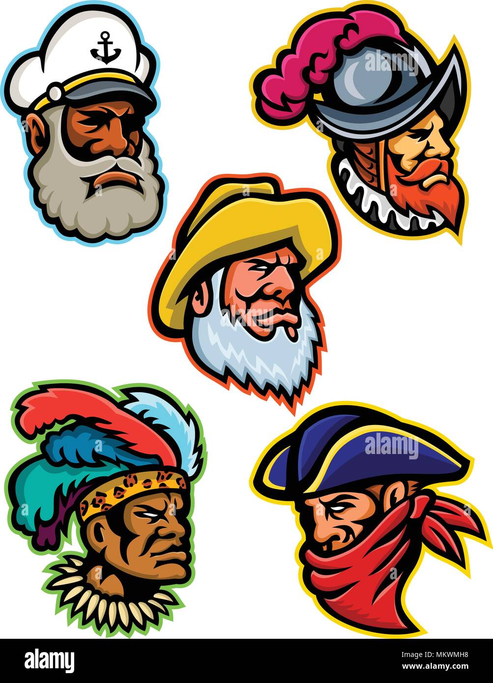 Icono de mascota ilustración conjunto de jefes de un conquistador o explorer, mar capitán o patrón, viejo pescador, guerrero zulú y un highwayman o ladrón. Ilustración del Vector