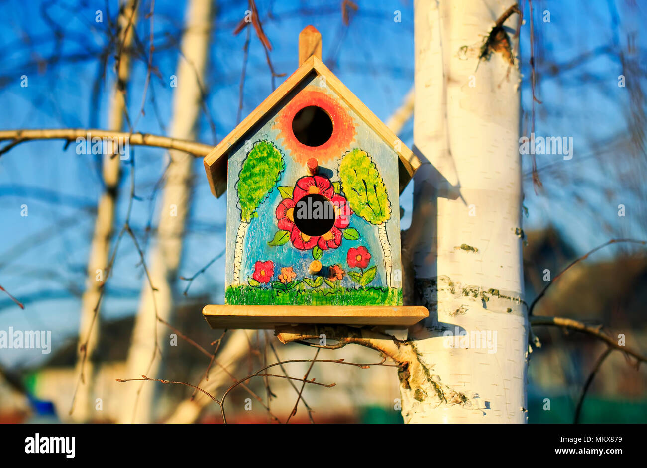 Dos lindas casitas para pájaros de madera pintadas en colores brillantes