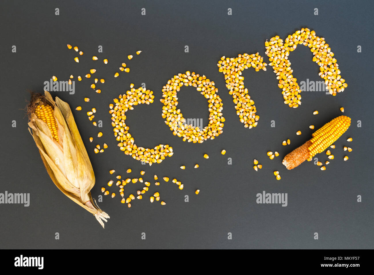 Concepto de la palabra maíz en idioma inglés formado con semillas de