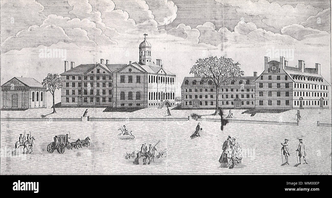 Vista de la Universidad de Harvard. Cambridge. 1767 Foto de stock