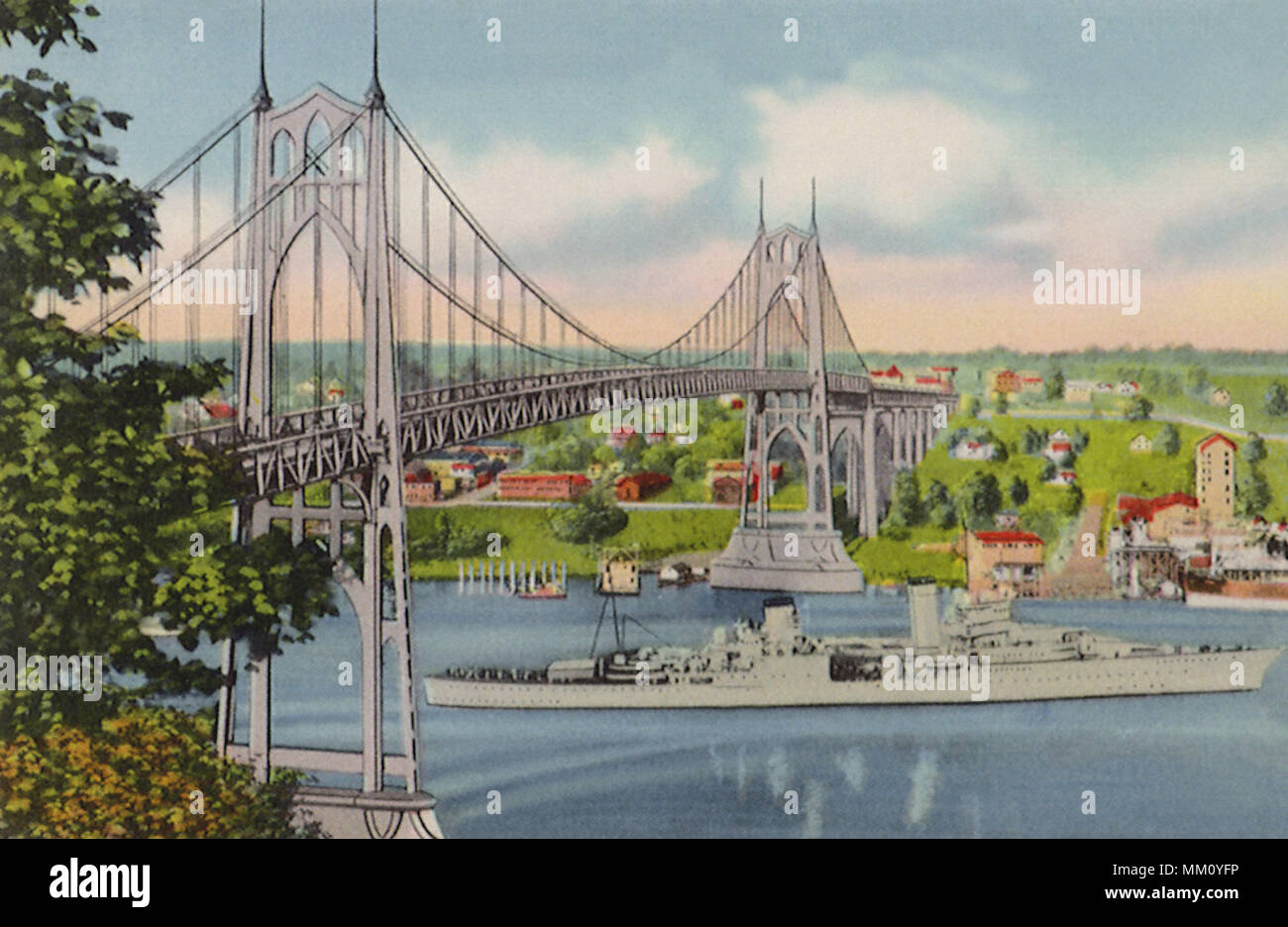 U. S. S. Portland pasando debajo del puente. Portland. 1946 Foto de stock