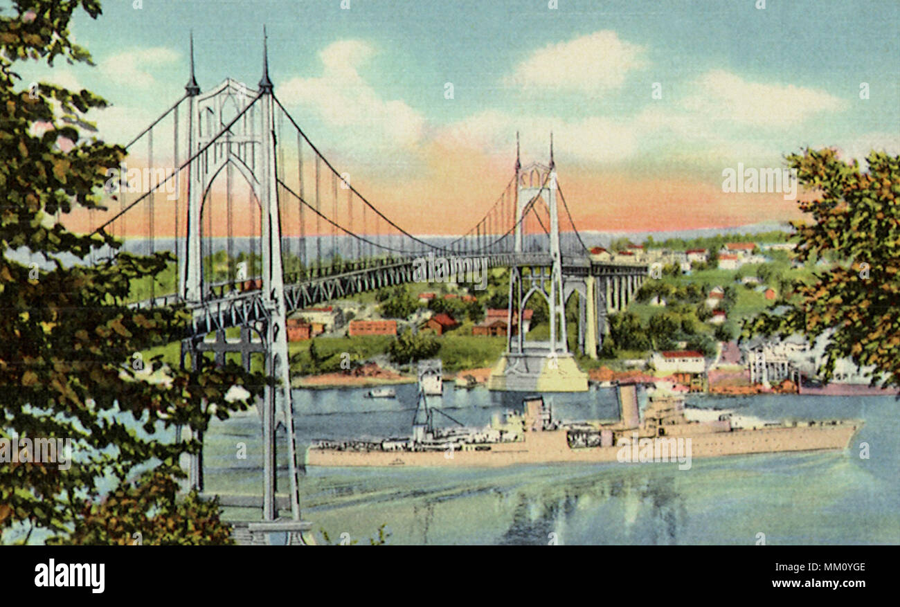 Acorazado en St. Johns Bridge. Portland. 1945 Foto de stock