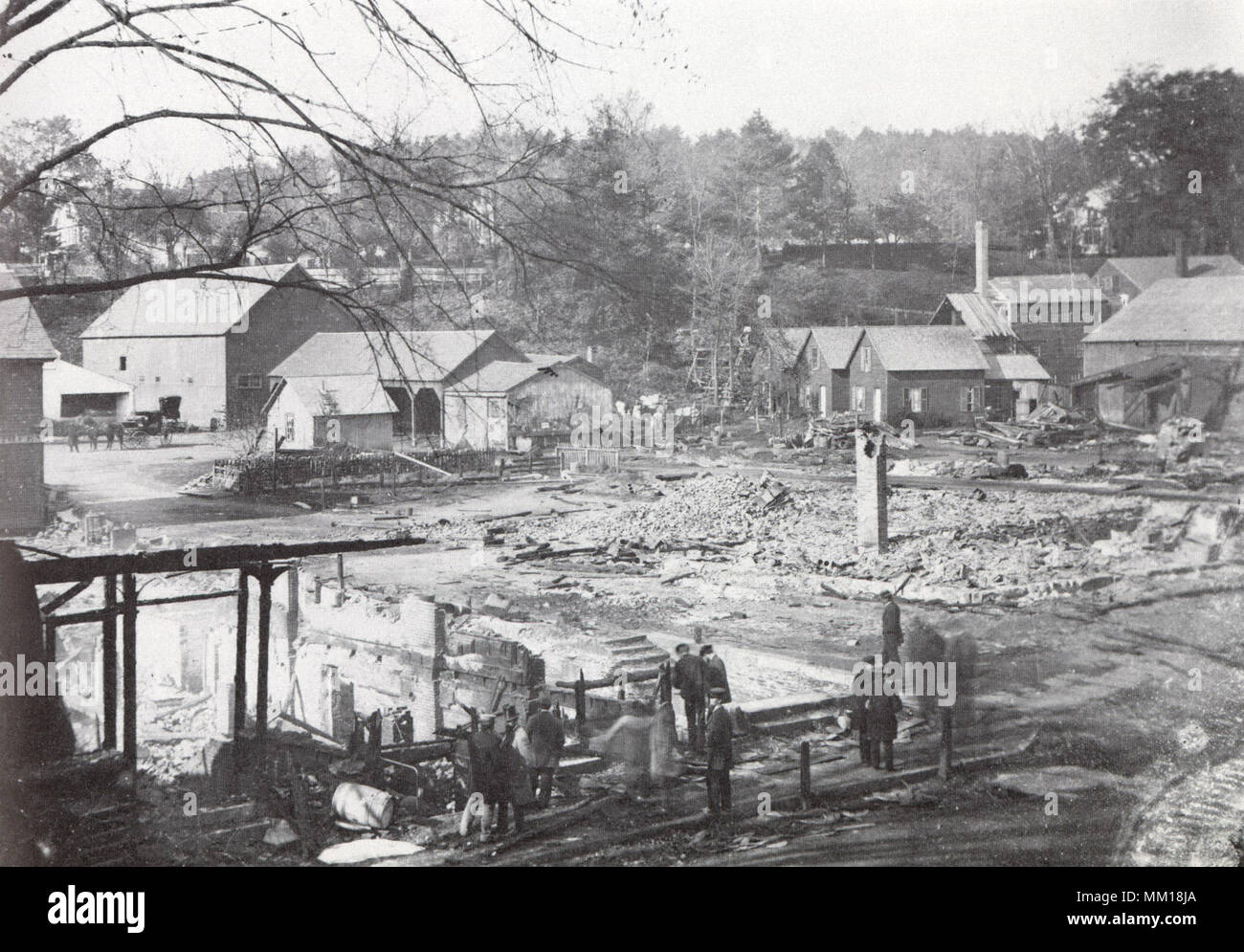 Los restos de los edificios después de un incendio. Brattleboro. 1869 Foto de stock