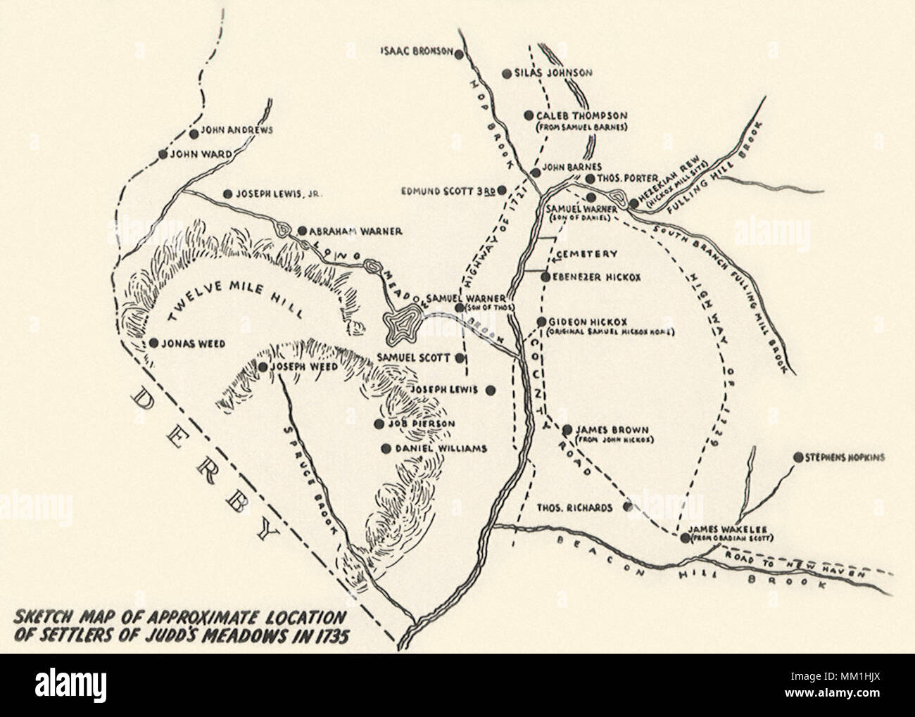 Mapa de ubicación de colonos de Judd de prados. 1735 Foto de stock