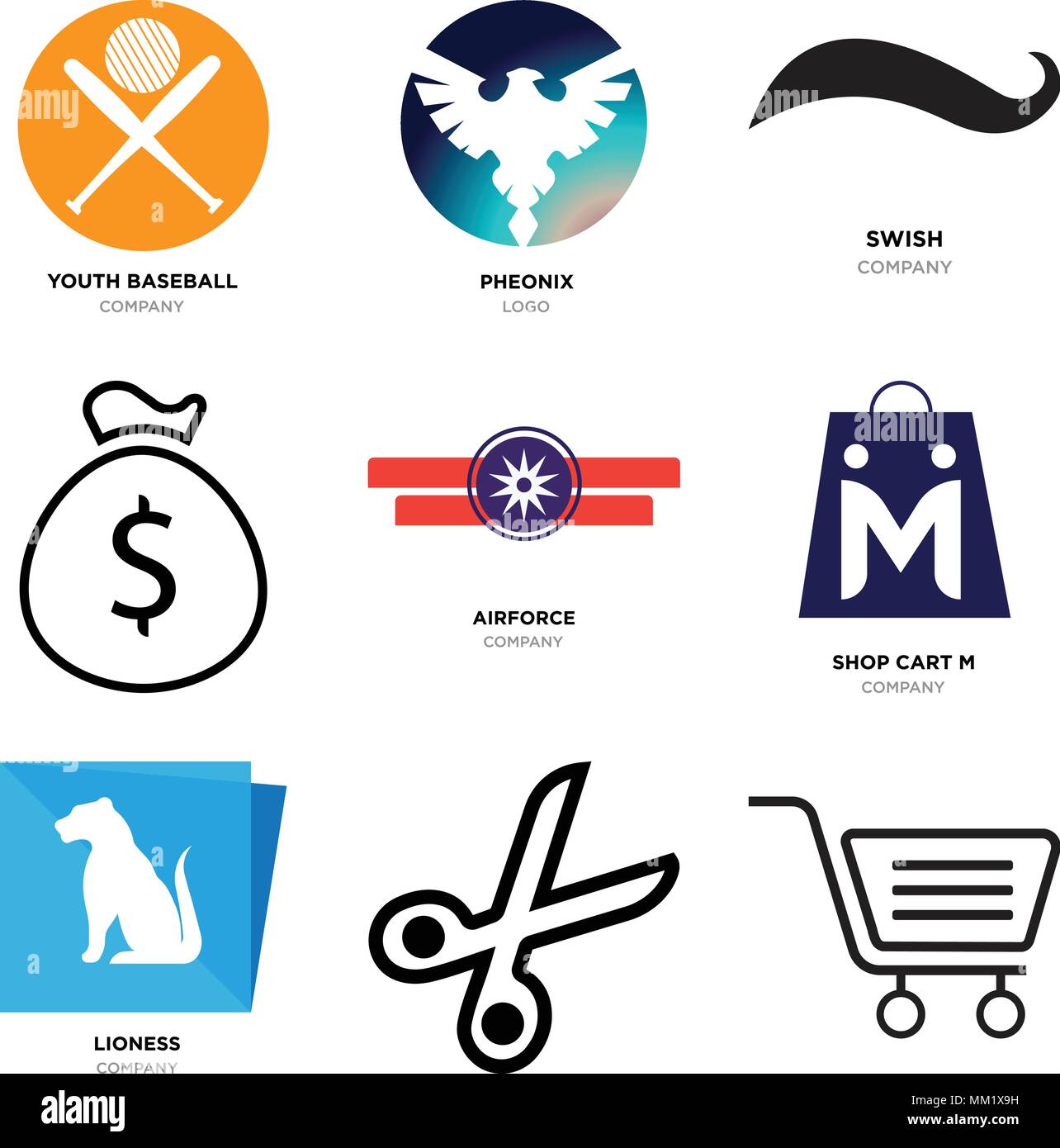 Conjunto de 9 sencillos iconos editables, como ir de compras, tijeras, león,  tienda cesta m, Fuerza Aérea, caja de dinero negro, Swish, Pheonix, béisbol  juvenil, se puede utilizar Imagen Vector de stock -