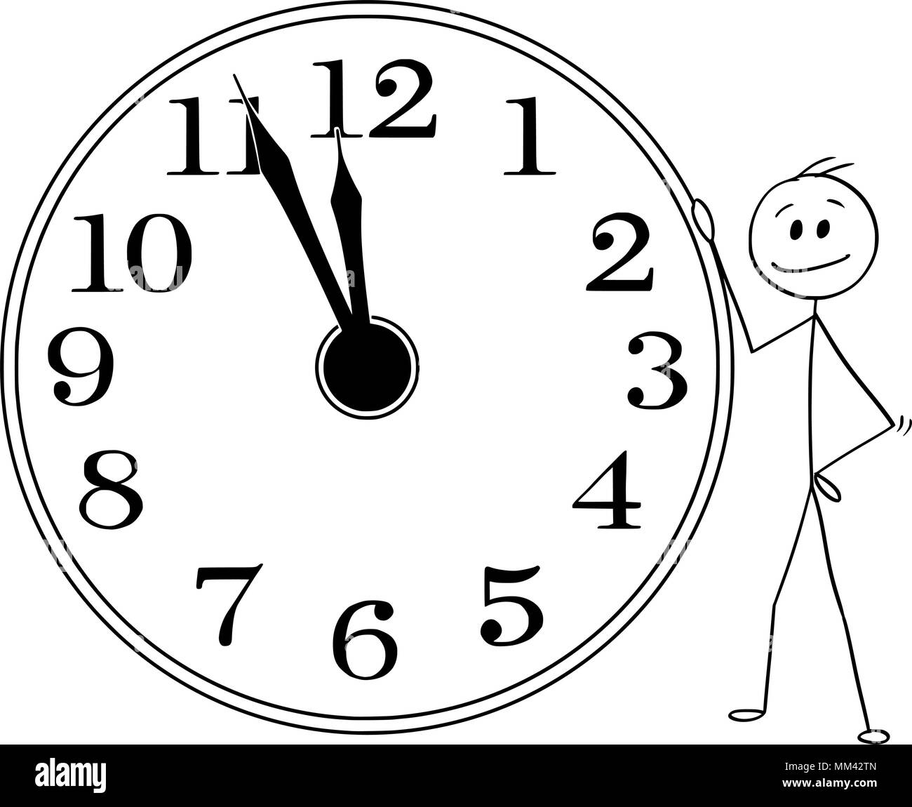 Caricatura de Hombre sonriente o empresario celebración Gran Reloj de pared  con cinco minutos antes de 12 horas Imagen Vector de stock - Alamy