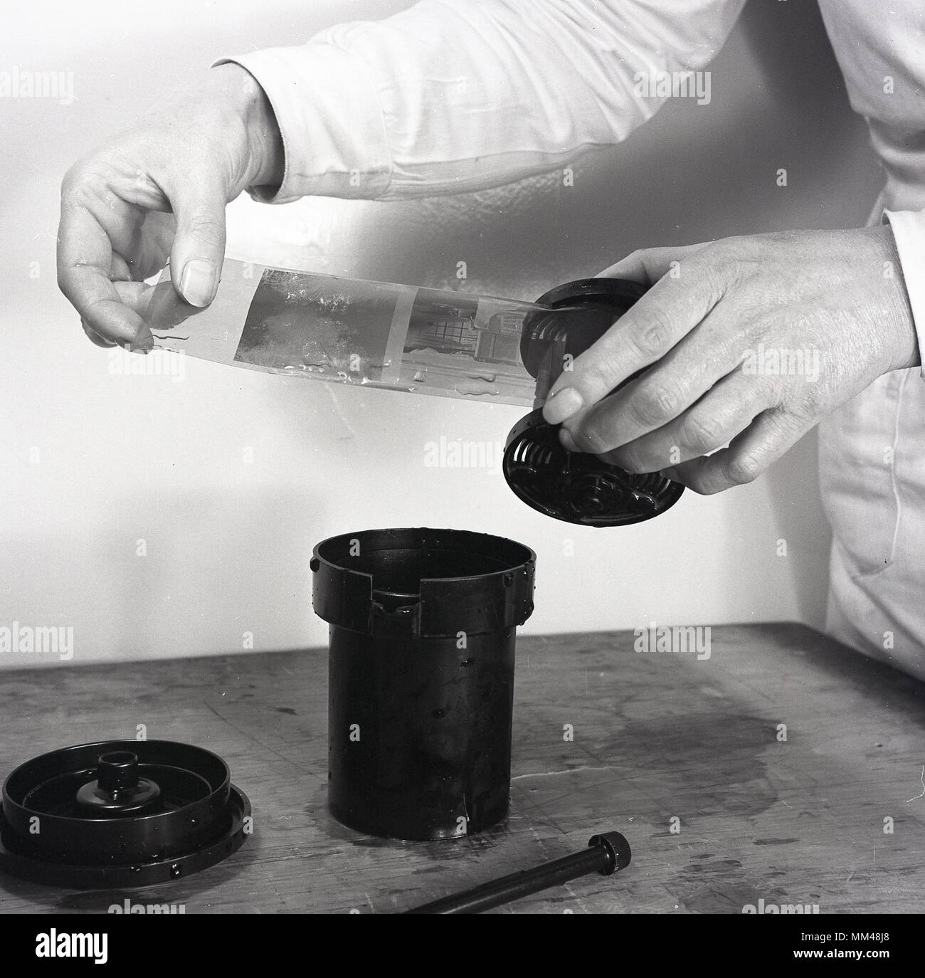 1950, foto histórica mostrando una tira de negativos de película tras haber sido sacado de la solución química utilizada para desarrollar la película fotográfica en blanco y negro. Foto de stock