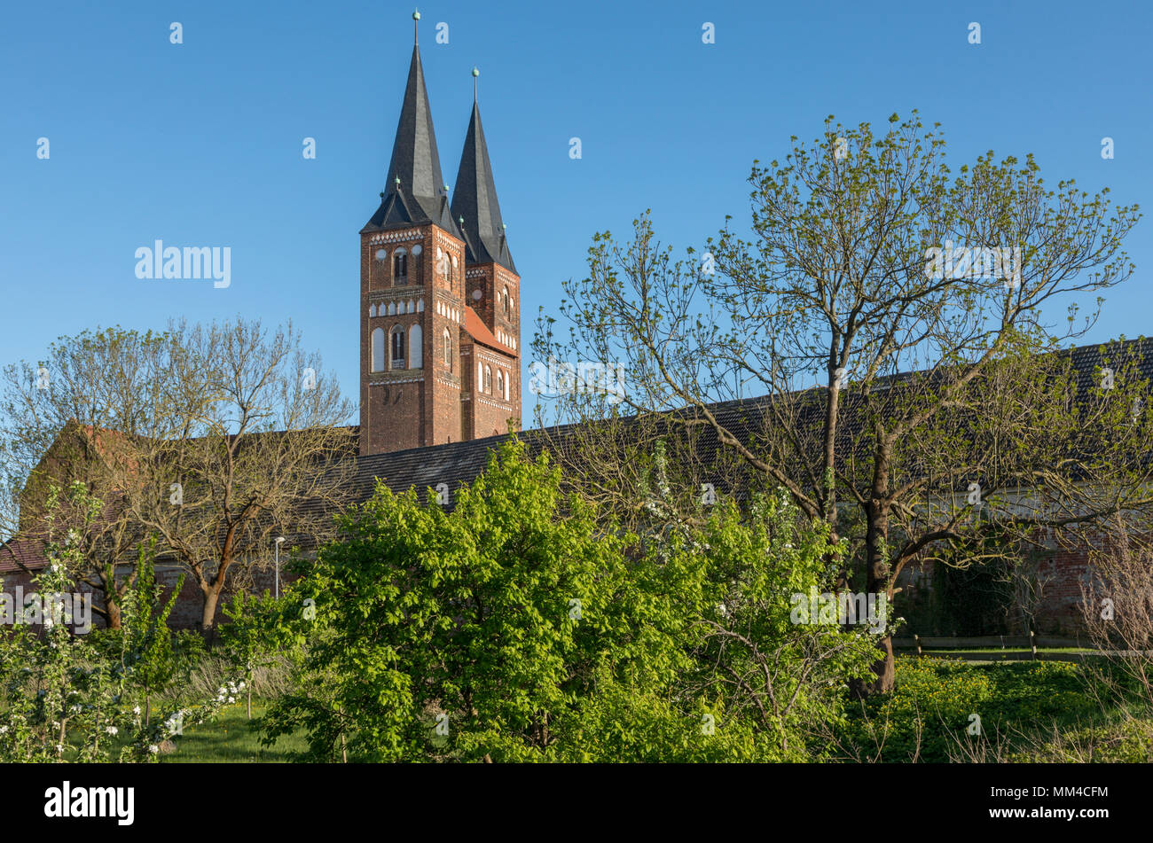 Jerichow monasterio con campanarios de iglesia colegial, Sajonia-Anhalt, Alemania. Huerto en primer plano Foto de stock