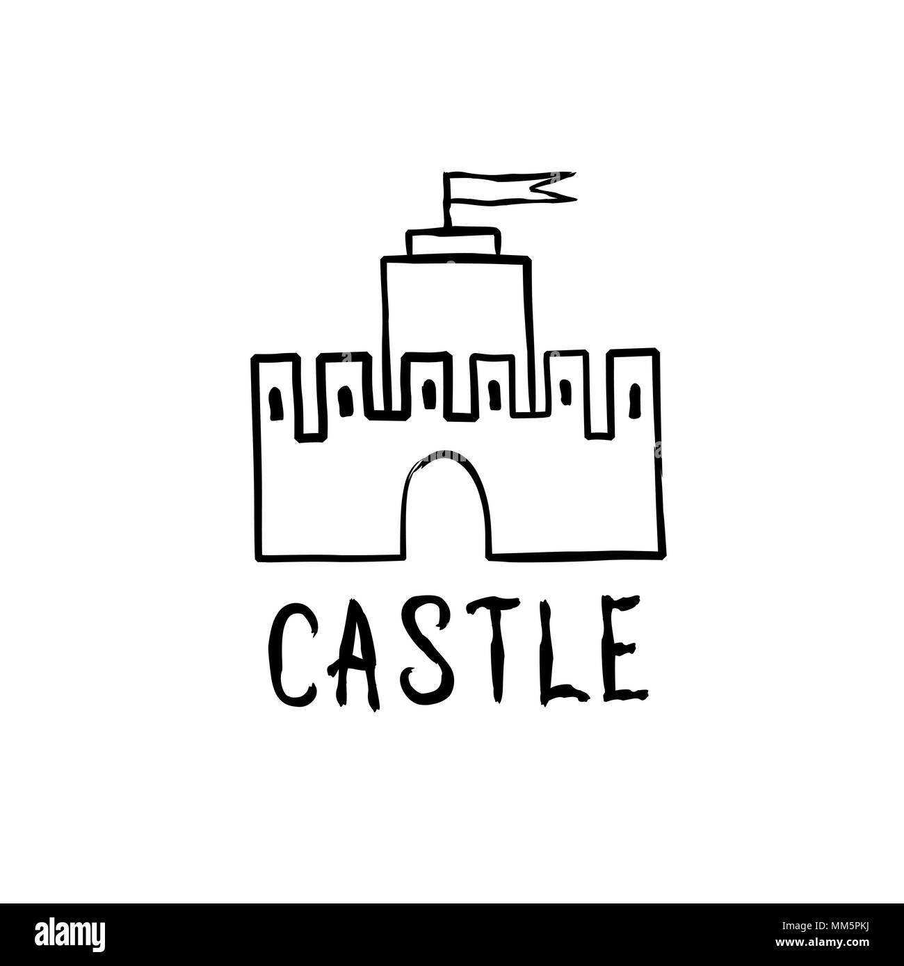 Icono del castillo. Dibujadas a mano doodle castillo edificio aislado con letras manuscritas castillo Ilustración del Vector