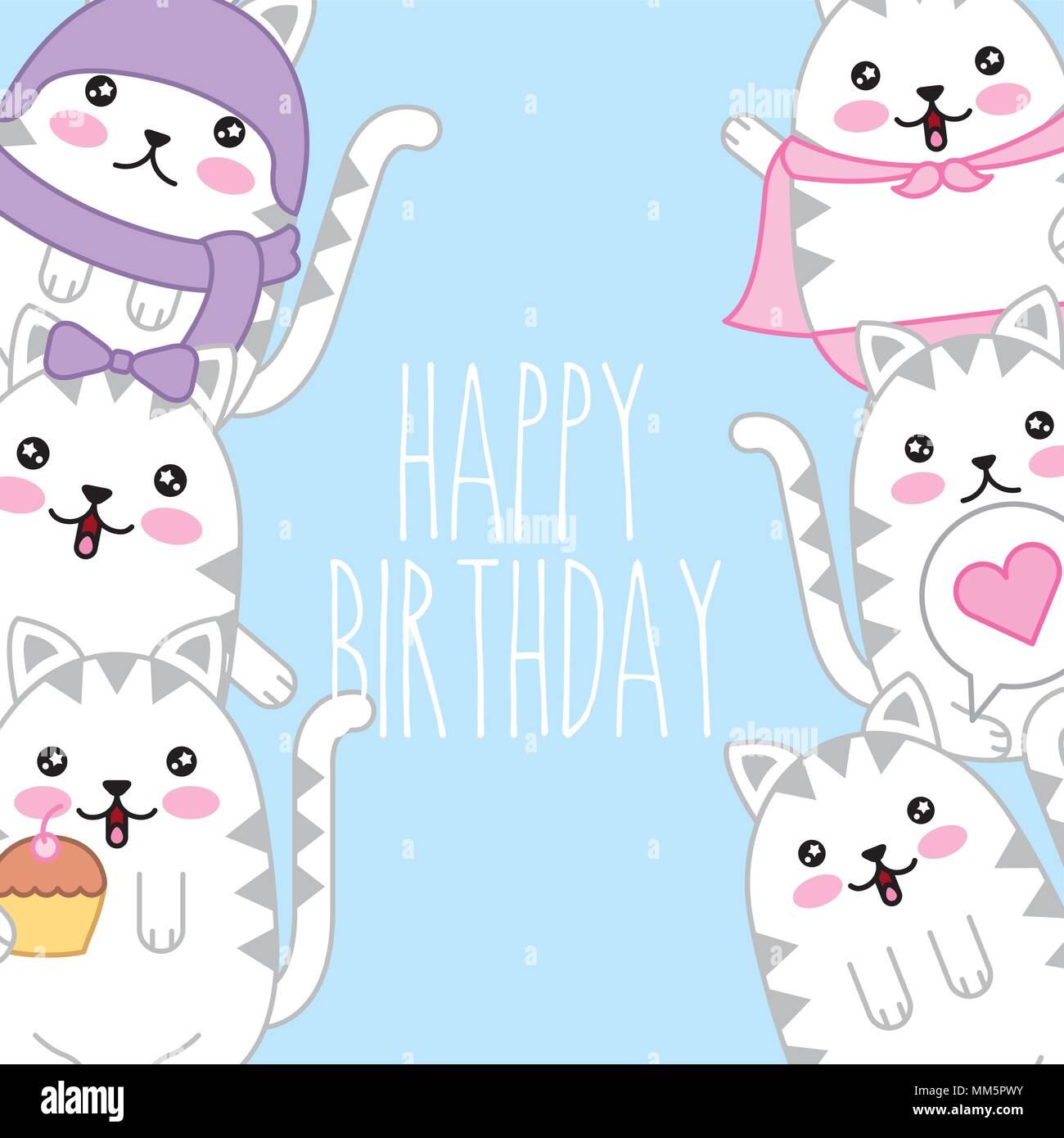 Kawaii gatos plantilla de tarjetas de cumpleaños feliz ilustración vectorial Imagen Vector de stock - Alamy