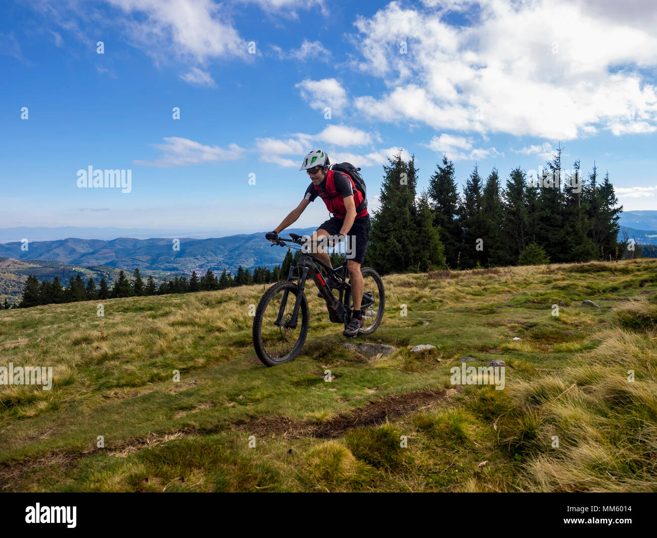 Ciclista de montaña en bicicleta en un único rastro en Ringelbuhlkopf, Alsacia, Francia Foto de stock
