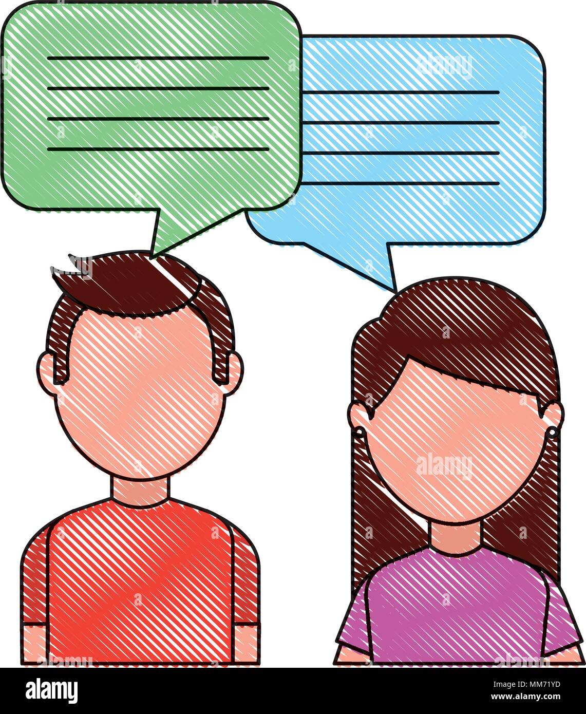 Mujer y hombre con bocadillos de diálogo dibujo ilustración vectorial  Imagen Vector de stock - Alamy