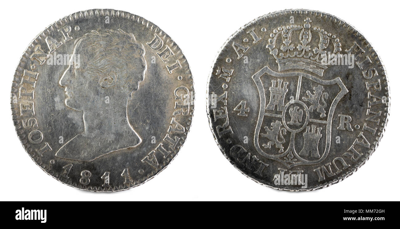 Antigua moneda de plata español del rey José Napoleón. En el año 1811. Acuñado en Madrid. 4 reales. Foto de stock