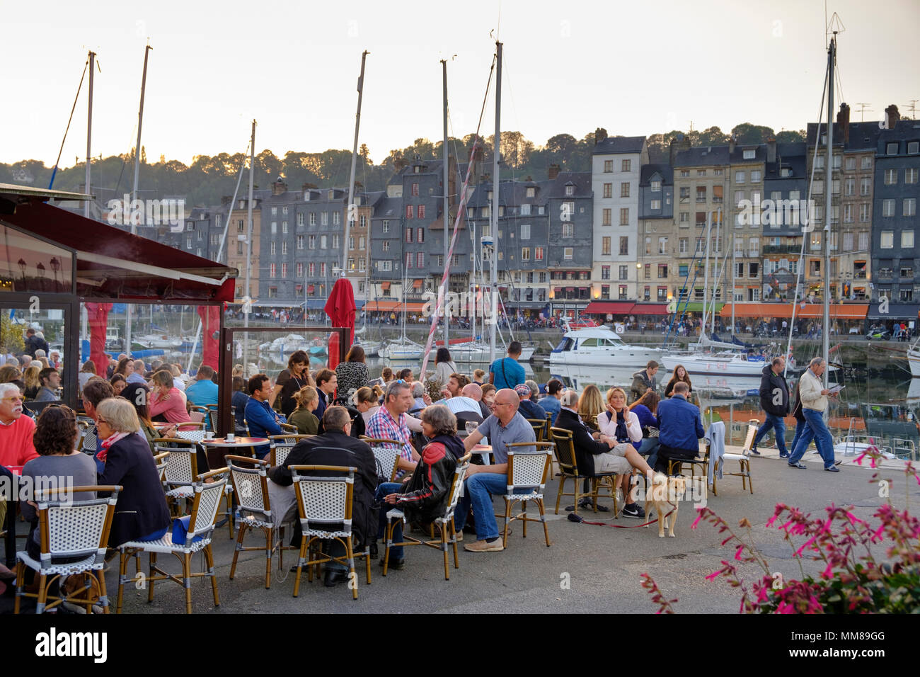 Gente disfrutando de café francés en Harbor, Honfleur, Normandía, Francia, Europa Foto de stock