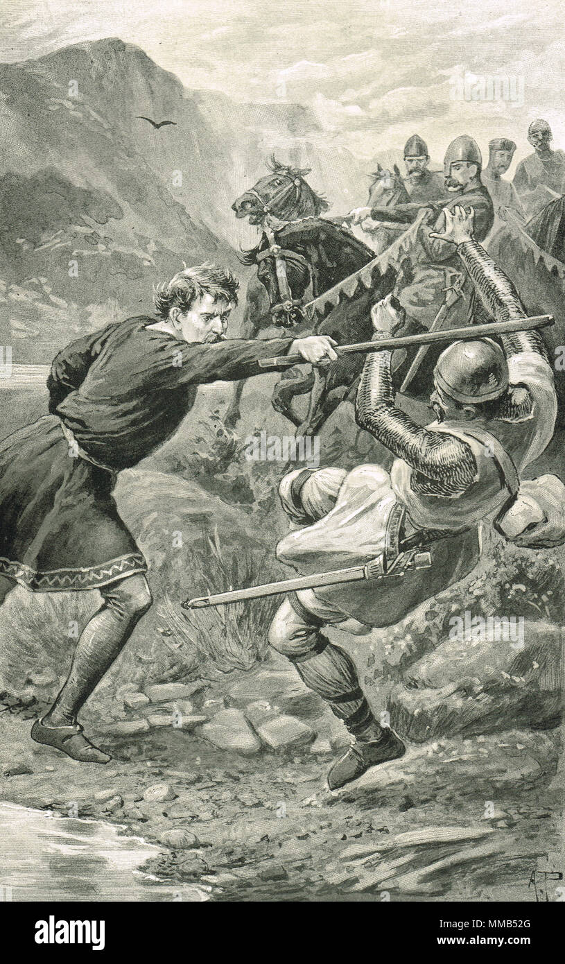 William Wallace, atacado mientras pescaba por seguidores de Sir Henry de Percy, circa 1294. Persiguiendo fuera de atacantes con su Net-pole Foto de stock
