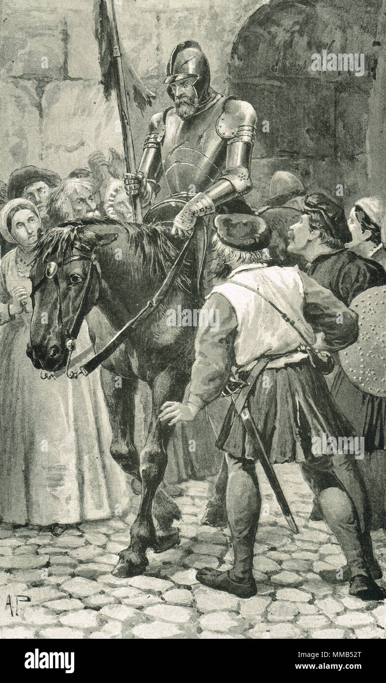Randolph Murray, sobreviviente de la batalla de Flodden 1513, volviendo a Edimburgo, llevando noticias de la derrota Foto de stock
