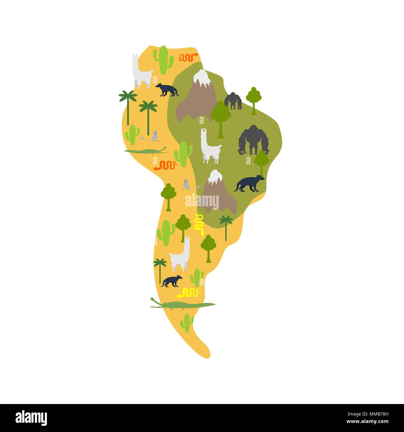 La flora y la fauna de América del Sur. Mapa animales y plantas en el continente. Vector Ilustración del Vector