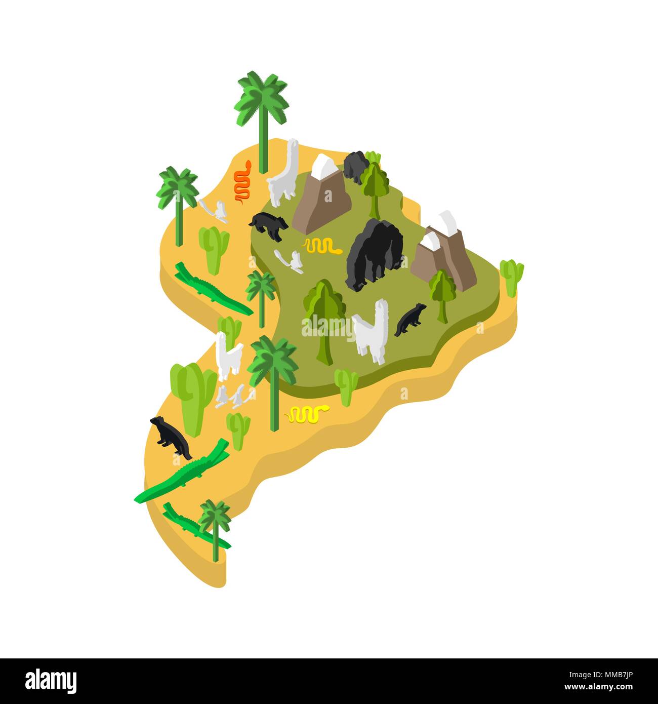 Sudamérica Mapa isométrico animales y plantas. La flora y la fauna en la península. Vector Ilustración del Vector