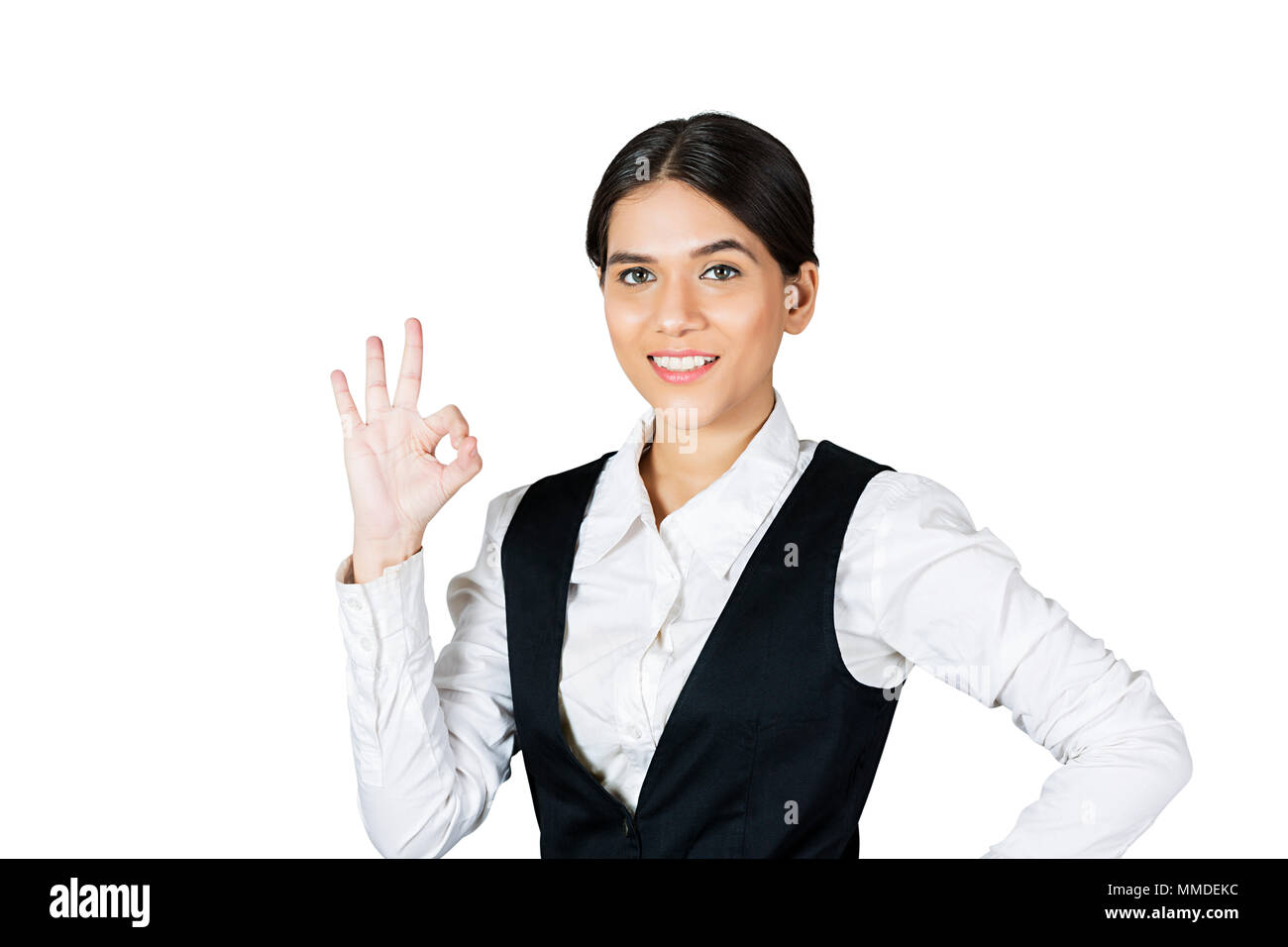 Primer plano de una mujer de negocios empleado Cara Sonriente sobre fondo de color Foto de stock