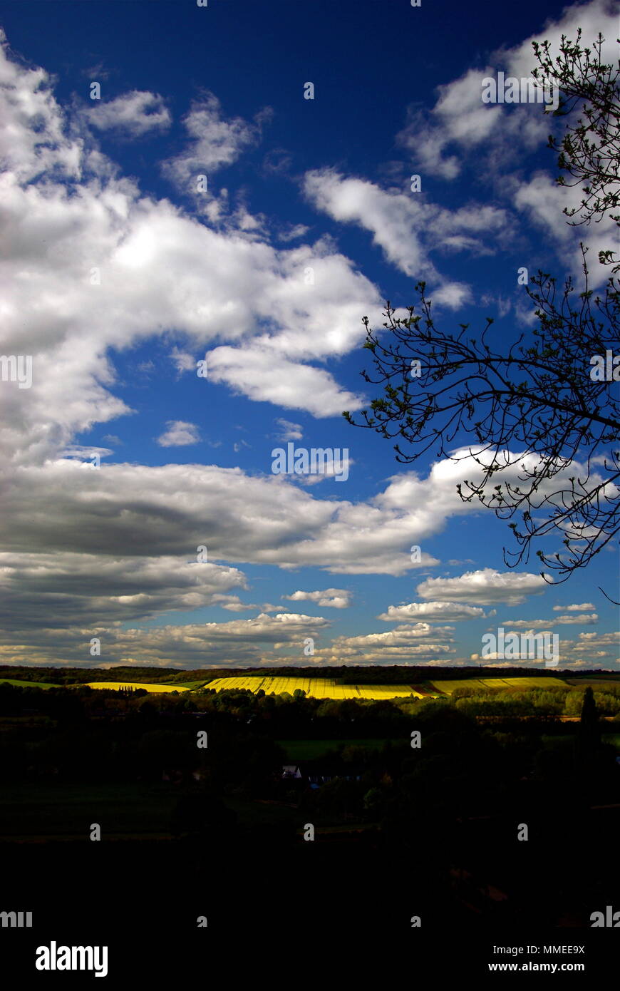 Vista de los campos y el cielo azul con nubes de invierno Hill, en Berkshire, Inglaterra Foto de stock