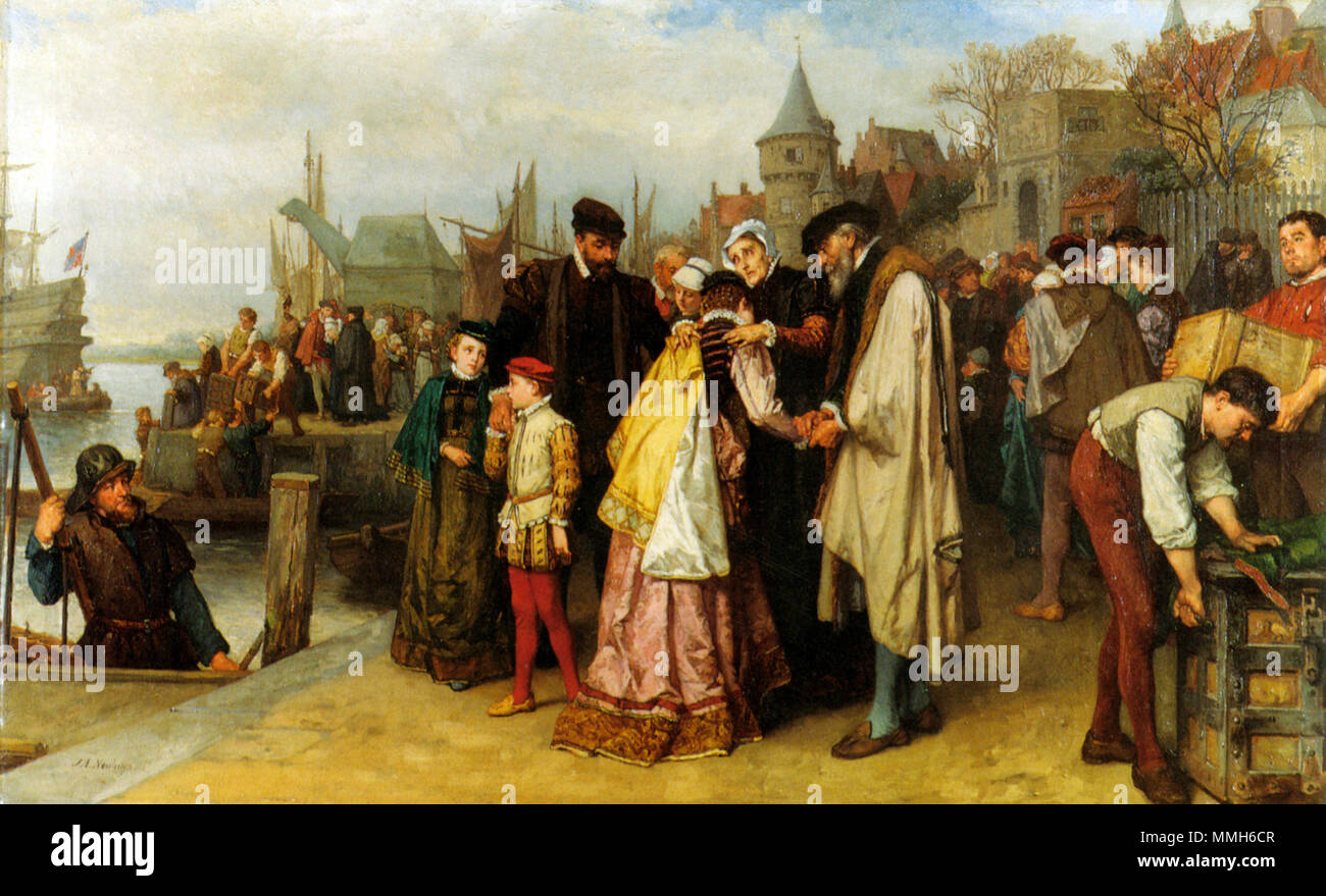 La emigración-de-la-Hugonotes---1566-por-Neuhuys Jan-Antoon Foto de stock