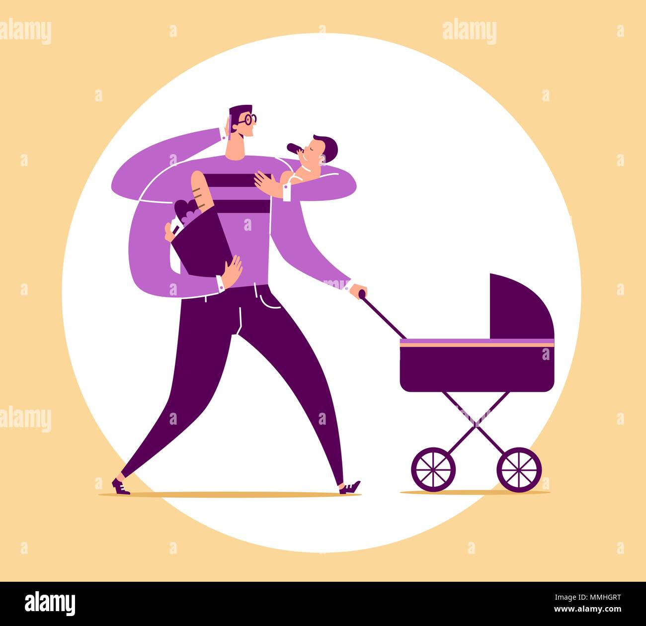 Hombre Con Cuatro Brazos Lleva El Bebe Silla De Paseo Bolso Con Productos Alimenticios Y Conversaciones En El Telefono Concepto De Multifuncion O Papa Multitarea Super Padre Y Moderna De La Paternidad