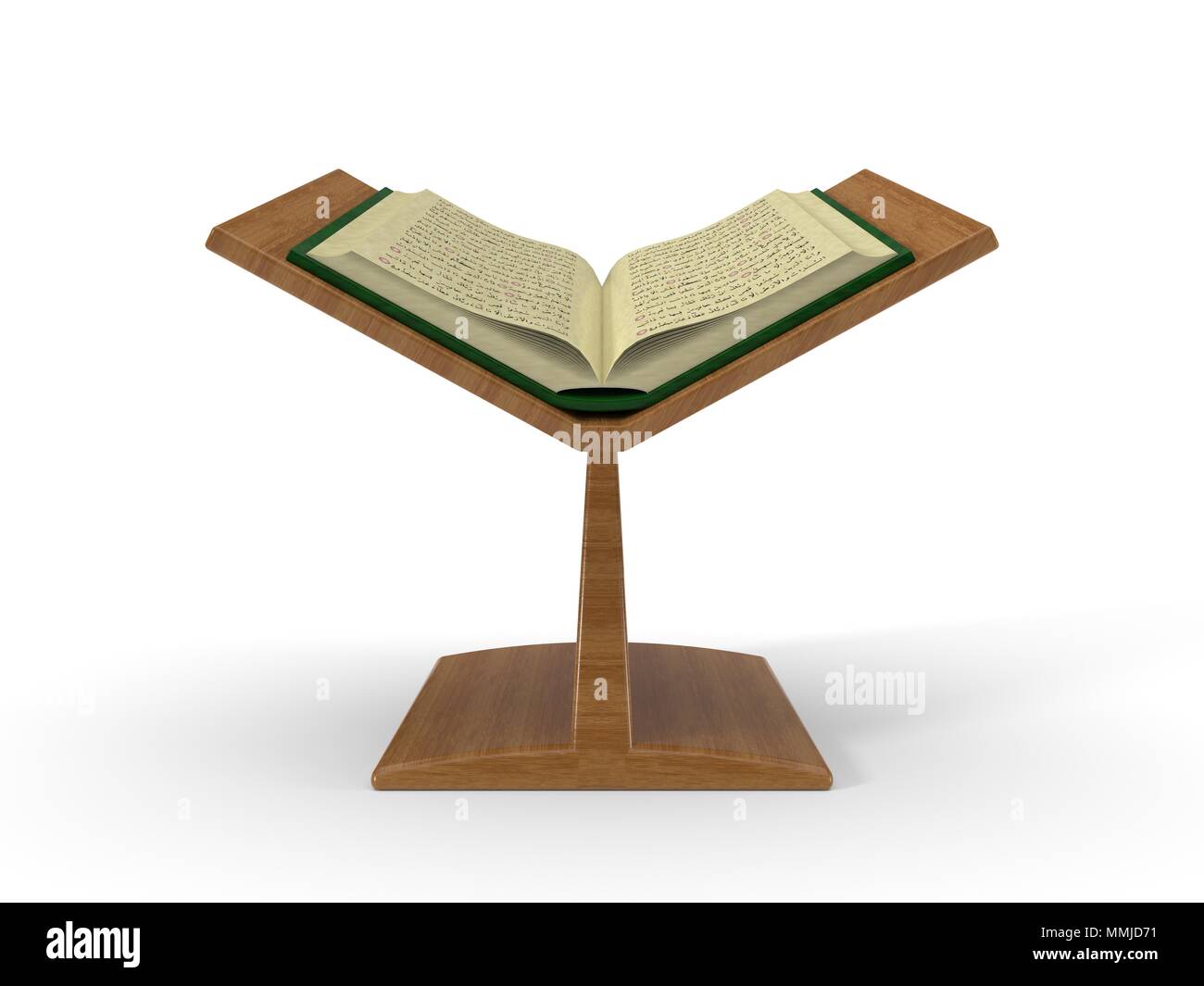 Lo que dice el Corán sobre la plataforma del libro. Ilustración 3d aislado en blanco. Foto de stock