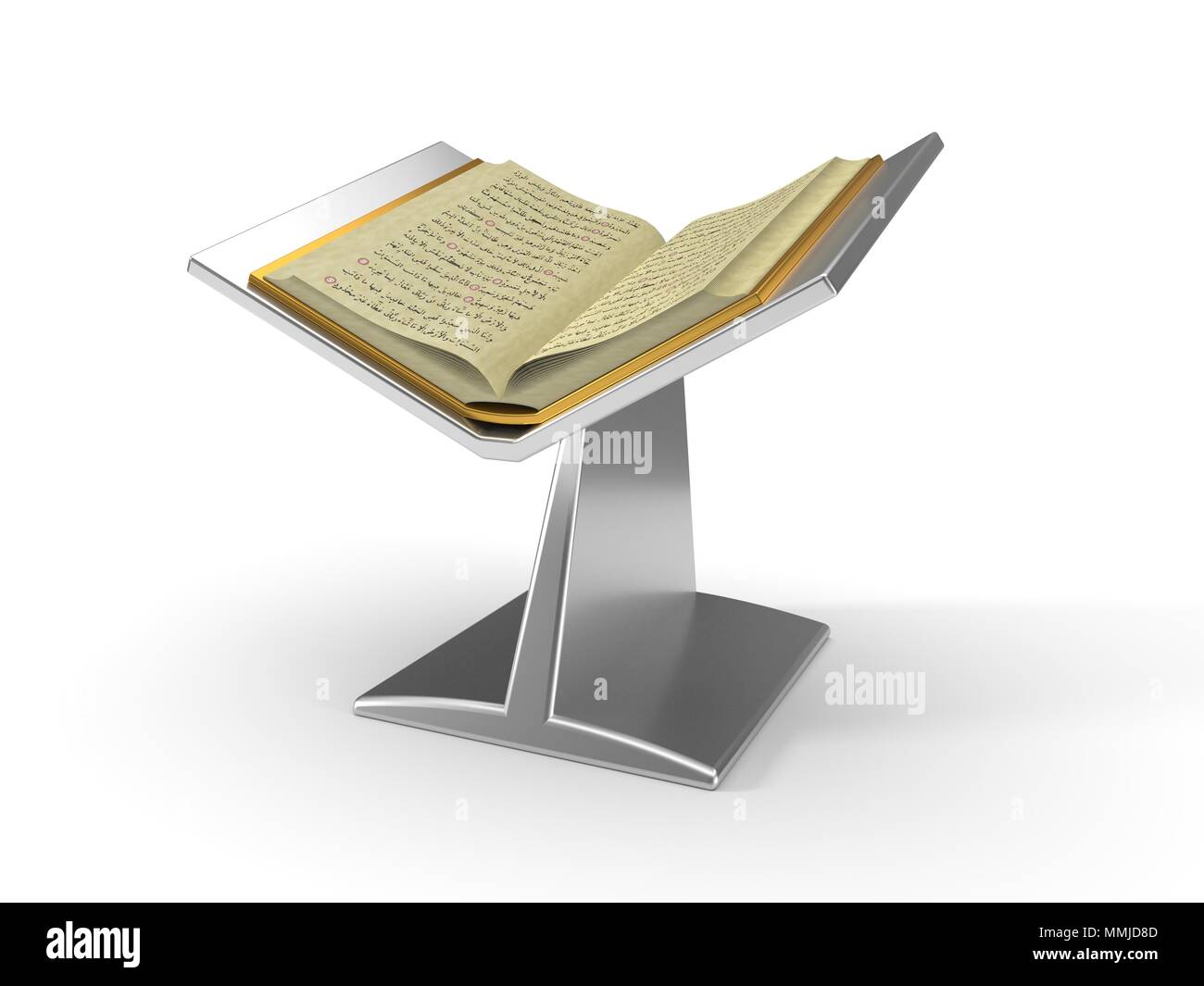 Lo que dice el Corán sobre la plataforma del libro. Ilustración 3d aislado en blanco. Foto de stock