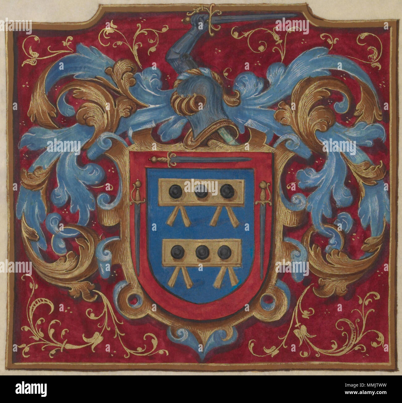 Escudo de armas la ilustración de una donación de la nobleza del rey Felipe  II de España a Alonso de mesa y Hernando de mesa. Digitalizado de un  manuscrito de 19