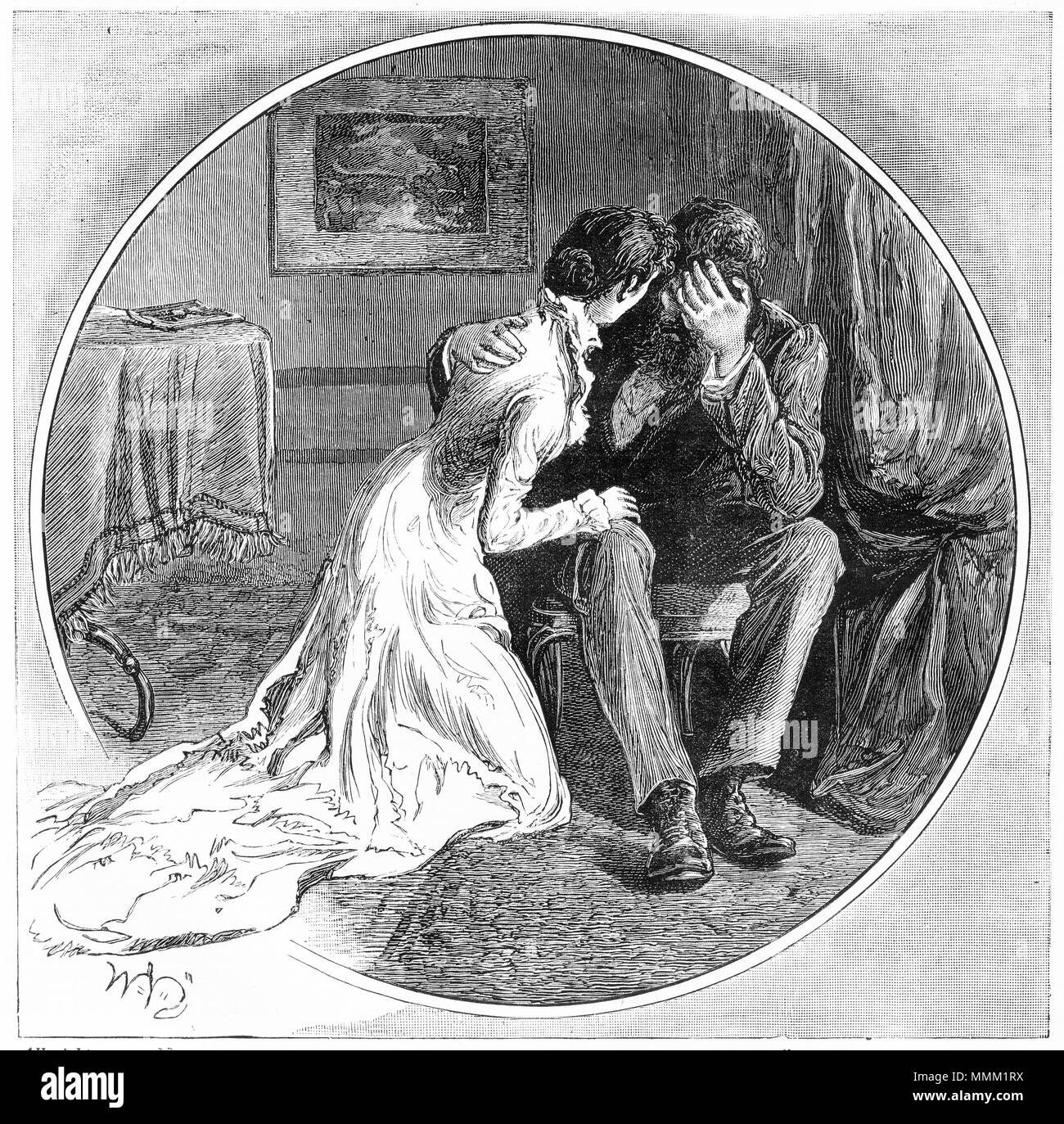 Grabado de un joven desconsolados consolar al hombre. A partir de un original grabado en la niña la propia revista en papel 1883. Foto de stock