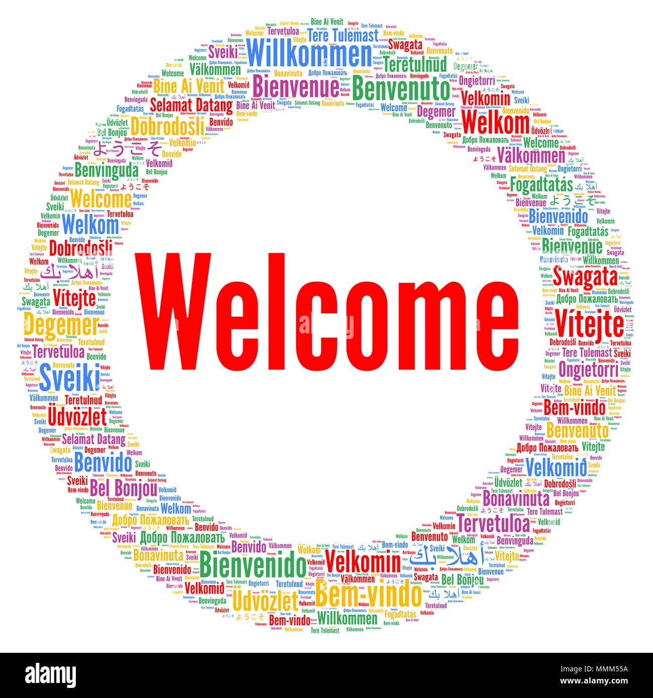 Bienvenida saludo recibimiento acogida welcome willkommen benvenuto  bienvenido color de nubes palabras coloridas texto saludos ilustração do  Stock