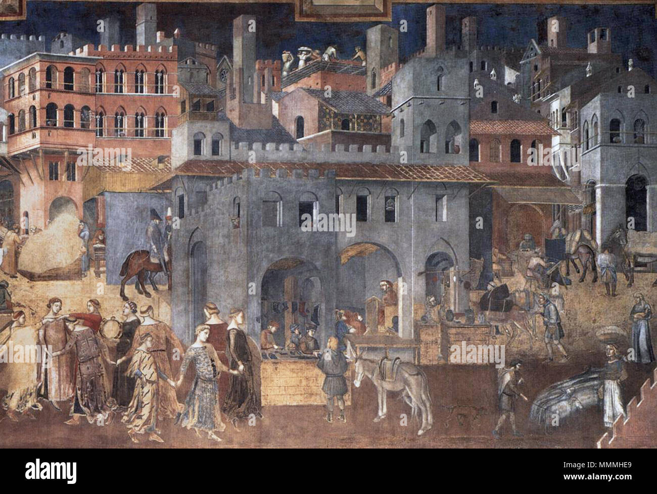Efectos del buen gobierno en la vida de la ciudad (detalle). Entre 1338 y 1340. Ambrogio Lorenzetti - Efectos del buen gobierno en la vida de la ciudad (detalle) - WGA13491 tono adj Foto de stock